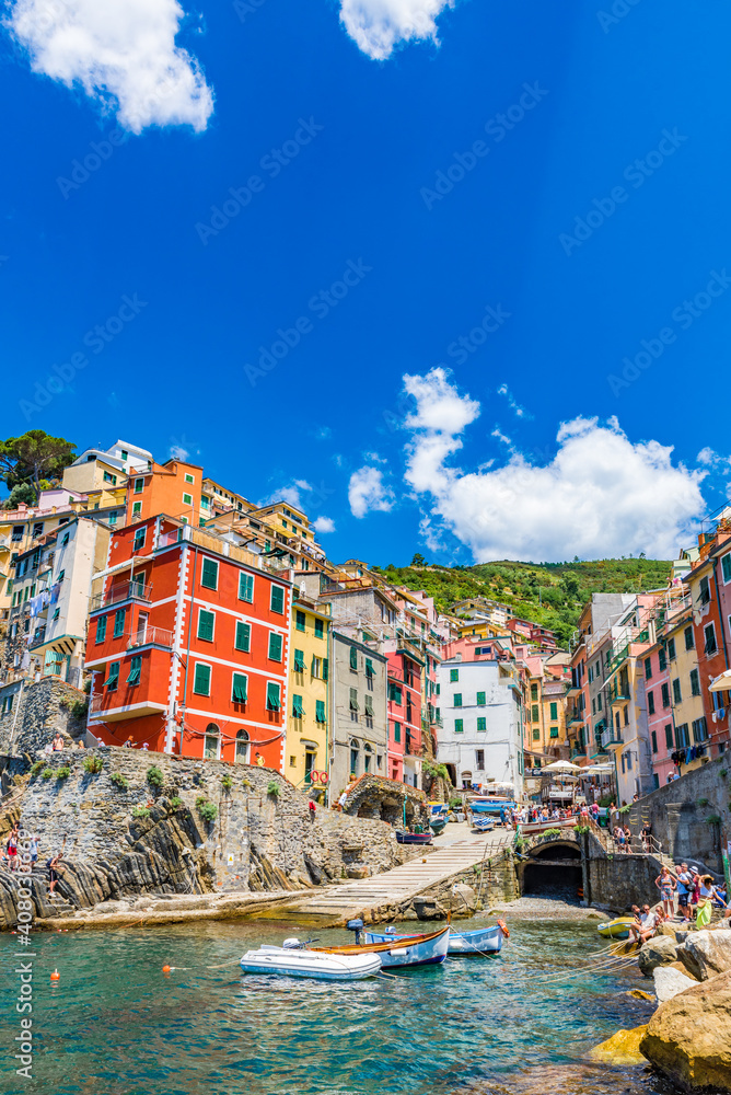 Riomaggiore, a village and comune in the province of La Spezia, Italy. It is the first of the Cinque Terre one meets when travelling north from La Spezia.