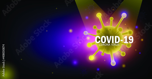 Image of Flu COVID-19 virus cell under the microscope on the blood.Coronavirus Covid-19 influenza banner background.Pandemic medical health crisis disease cell as a 3D render.Social distancing at home