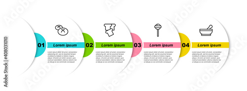 Set line Bread loaf, toast, Lollipop and Mortar and pestle. Business infographic template. Vector.