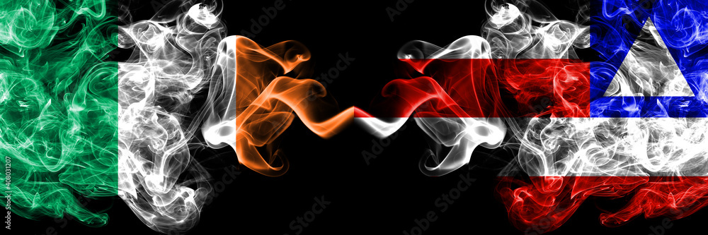 Republic of Ireland, Irish vs Bahia, Brazil smoky mystic flags placed side by side. Thick colored silky abstract smoke flags. Republic of Ireland, Irish vs Bahia, Brazil smoky mystic flags placed side by side. Thick colored silky abstract smoke flags.