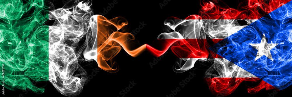 Republic of Ireland, Irish vs Puerto Rico smoky mystic flags placed side by side. Thick colored silky abstract smoke flags. Republic of Ireland, Irish vs Puerto Rico smoky mystic flags placed side by side. Thick colored silky abstract smoke flags.