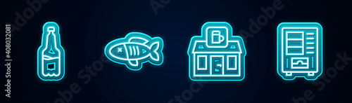 Set line Plastic beer bottle, Dried fish, Store building of shop and Vending machine. Glowing neon icon. Vector.