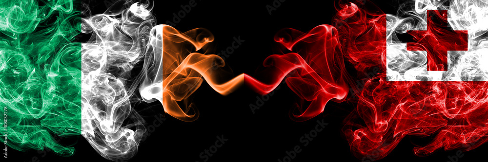 Republic of Ireland, Irish vs Tonga smoky mystic flags placed side by side. Thick colored silky abstract smoke flags. Republic of Ireland, Irish vs Tonga smoky mystic flags placed side by side. Thick colored silky abstract smoke flags.