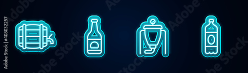 Set line Wooden barrel on rack, Beer bottle, brewing process and Plastic beer. Glowing neon icon. Vector.