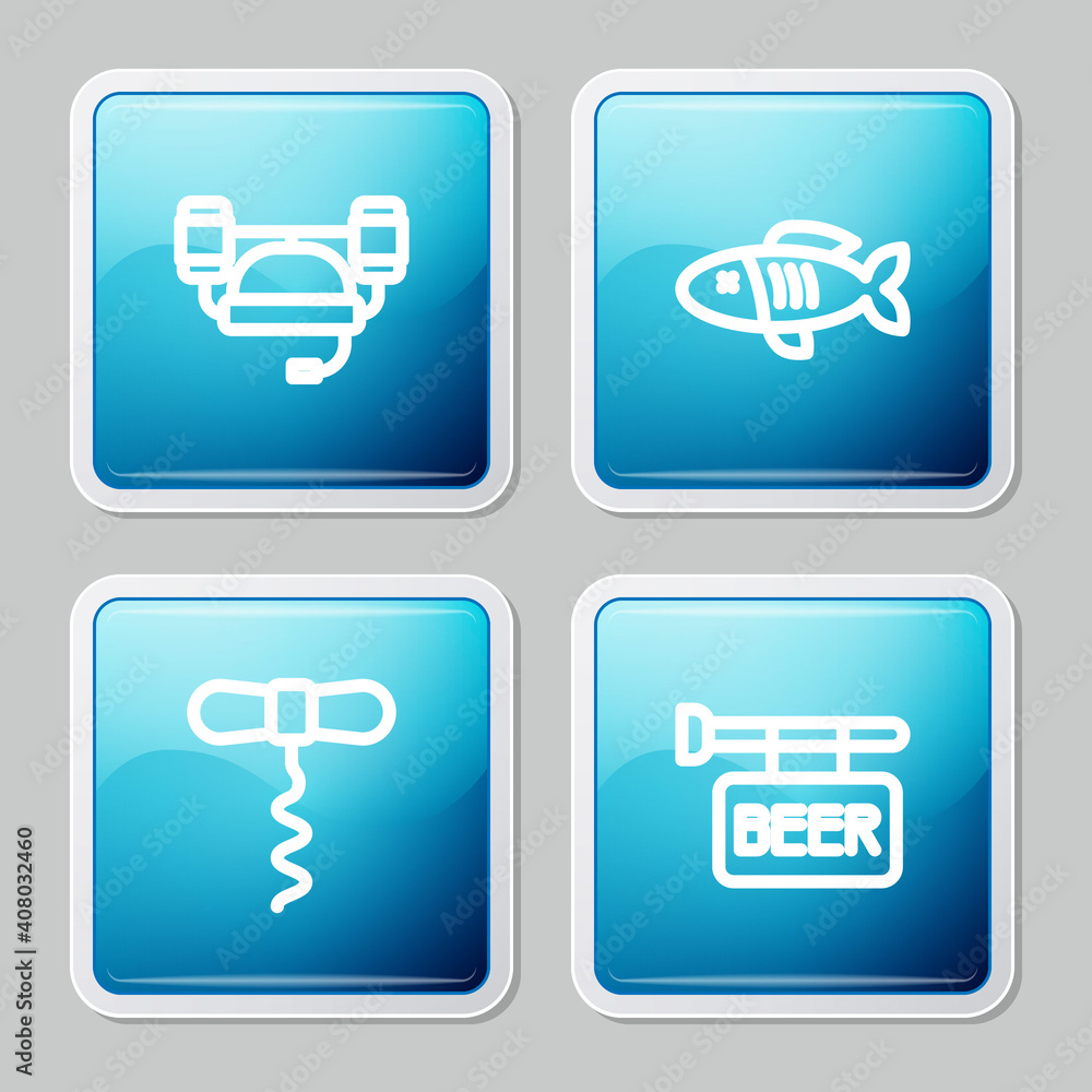 Set line Beer helmet, Dried fish, Wine corkscrew and Street signboard with icon. Vector. Set line Beer helmet, Dried fish, Wine corkscrew and Street signboard with icon. Vector.