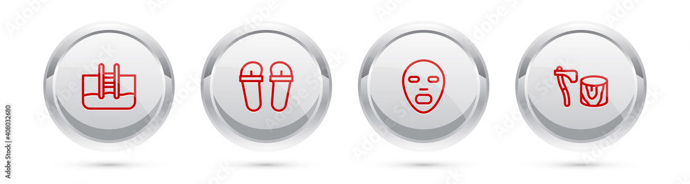 Set line Swimming pool with ladder, Flip flops, Facial cosmetic mask and Wooden axe stump. Silver circle button. Vector. Set line Swimming pool with ladder, Flip flops, Facial cosmetic mask and Wooden axe stump. Silver circle button. Vector.