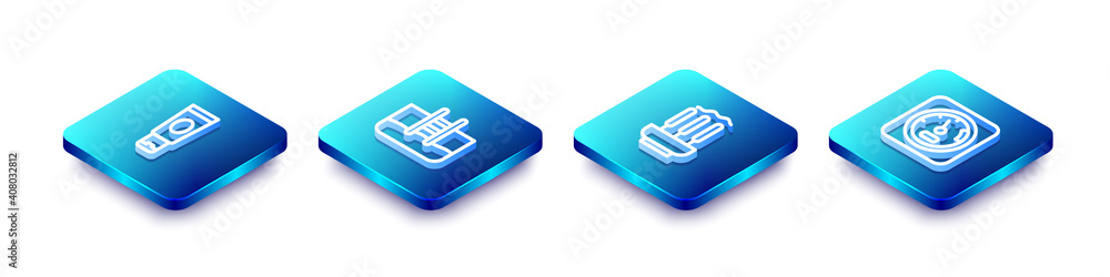 Set Isometric line Cream or lotion cosmetic tube, Swimming pool with ladder, Incense sticks and Sauna thermometer icon. Vector. Set Isometric line Cream or lotion cosmetic tube, Swimming pool with ladder, Incense sticks and Sauna thermometer icon. Vector.