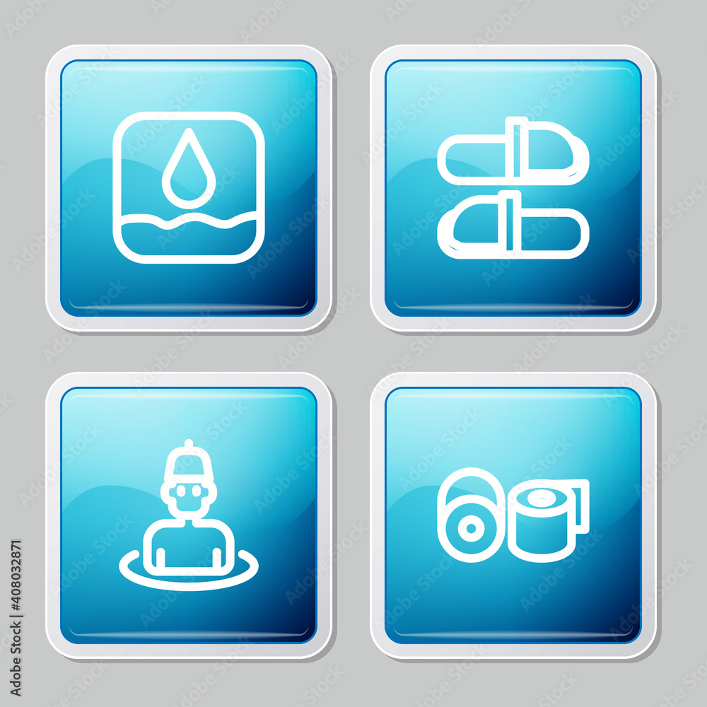 Set line Water drop, Sauna slippers, Man in the sauna and Toilet paper roll icon. Vector. Set line Water drop, Sauna slippers, Man in the sauna and Toilet paper roll icon. Vector.