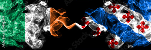 Republic of Ireland, Irish vs United States of America, America, US, USA, American, Rockville, Maryland smoky mystic flags placed side by side. Thick colored silky abstract smoke flags.