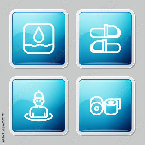 Set line Water drop, Sauna slippers, Man in the sauna and Toilet paper roll icon. Vector.