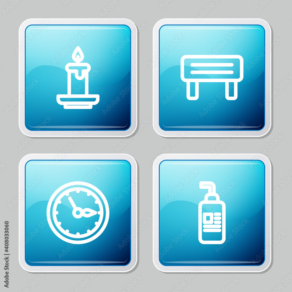 Set line Aroma candle, Sauna wood bench, clock and Cream or lotion cosmetic tube icon. Vector. Set line Aroma candle, Sauna wood bench, clock and Cream or lotion cosmetic tube icon. Vector.