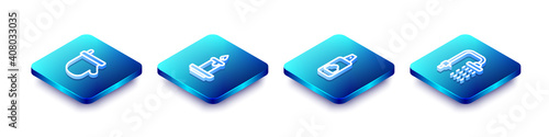 Set Isometric line Sauna mittens, Aroma candle, Spray for hairspray and Shower icon. Vector.