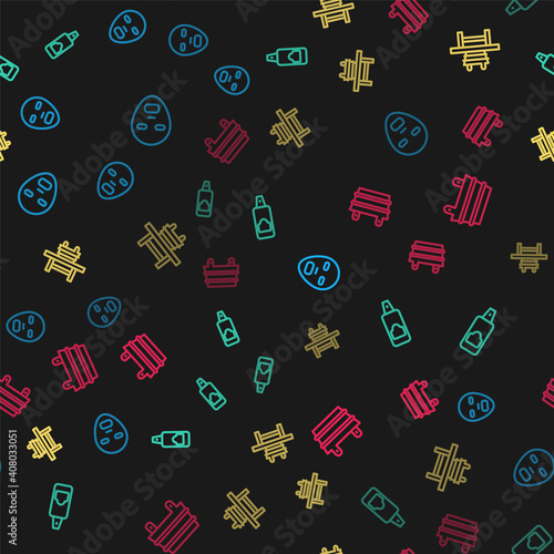 Set line Facial cosmetic mask, Spray can for hairspray, Sauna bench with bucket and on seamless pattern. Vector.
