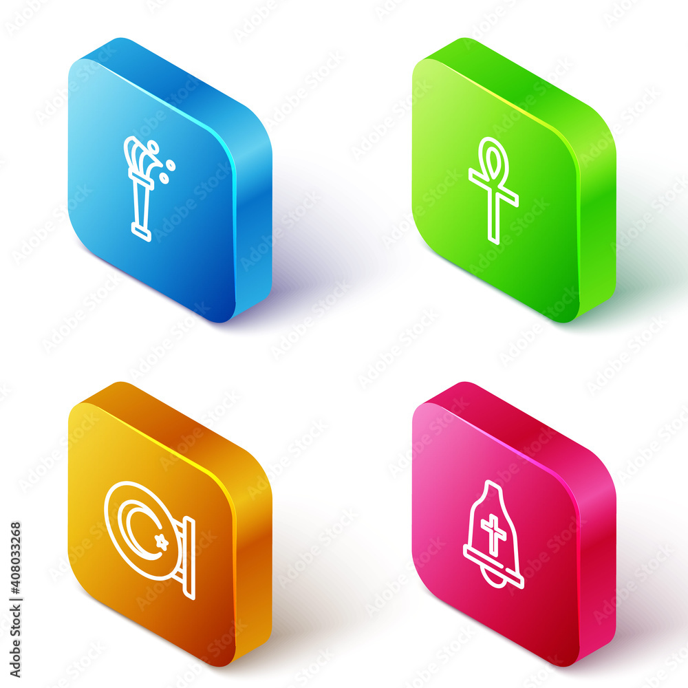 Set Isometric line Aspergillum, Cross ankh, Star and crescent and Church bell icon. Vector. Set Isometric line Aspergillum, Cross ankh, Star and crescent and Church bell icon. Vector.