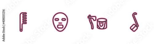 Set line Hairbrush, Wooden axe in stump, Facial cosmetic mask and Sauna ladle icon. Vector.