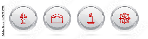 Set line Christian cross, Kaaba mosque, Burning candle and Dharma wheel. Silver circle button. Vector.