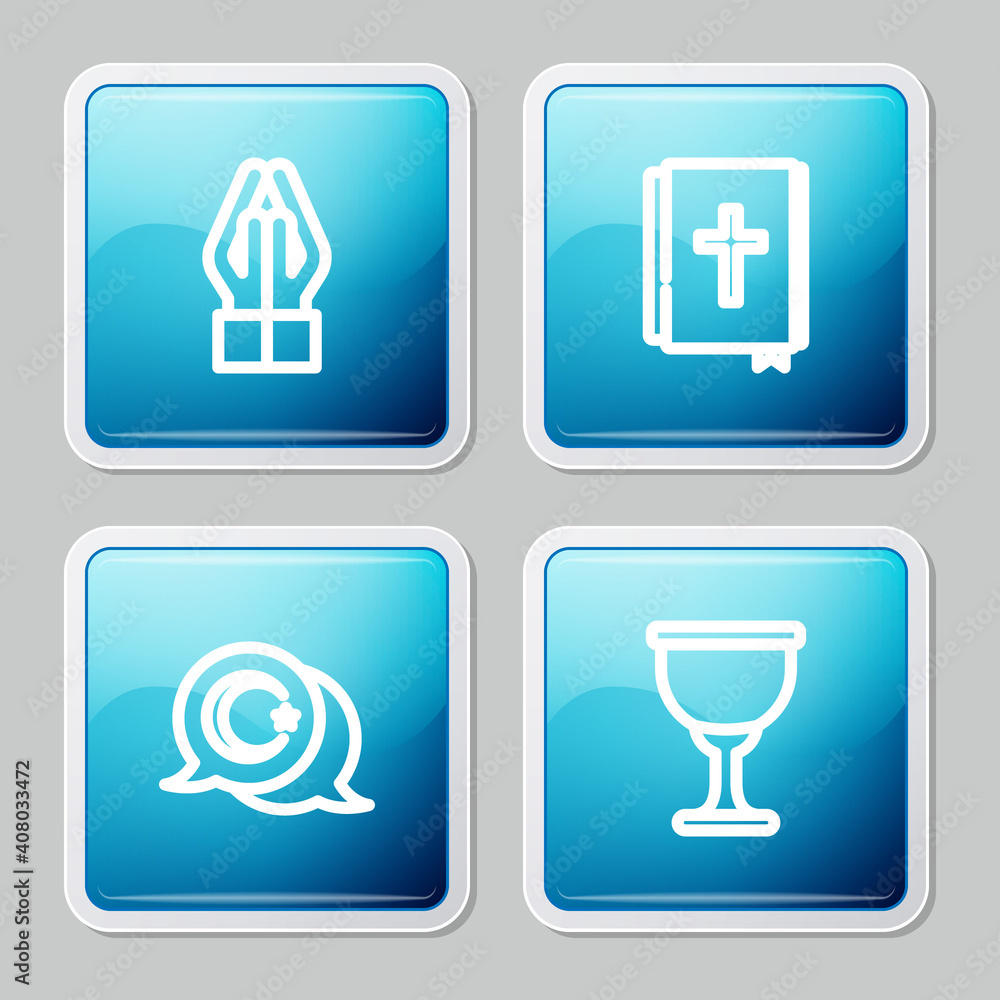Set line Hands in praying position, Holy bible book, Star crescent and grail or chalice icon. Vector.