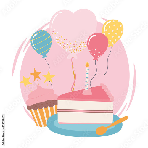 happy birthday cake cupcake balloons celebration party cartoon