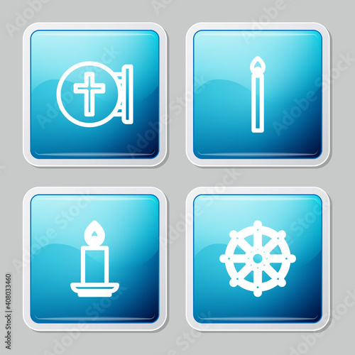 Set line Christian cross, Burning candle, and Dharma wheel icon. Vector.
