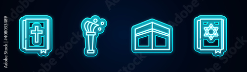 Set line Holy bible book, Aspergillum, Kaaba mosque and Jewish torah. Glowing neon icon. Vector.