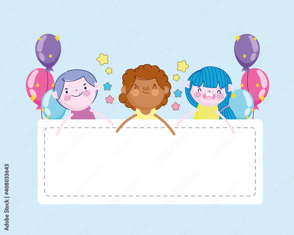 cheerful boy and girls with balloons party and banner, Children cheerful boy and girls with balloons party and banner, Children