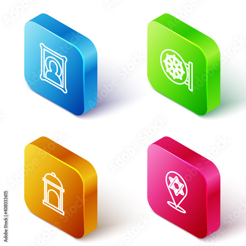 Set Isometric line Christian icon, Dharma wheel, Muslim Mosque and Star of David icon. Vector.