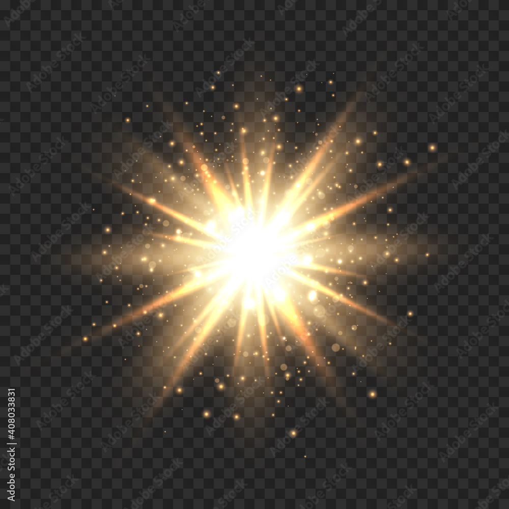 Star burst with sparkles. Golden light flare effect with stars, sparkles and glitter isolated on transparent background. Vector illustration of shiny glow star with stardust, gold lens flare Star burst with sparkles. Golden light flare effect with stars, sparkles and glitter isolated on transparent background. Vector illustration of shiny glow star with stardust, gold lens flare