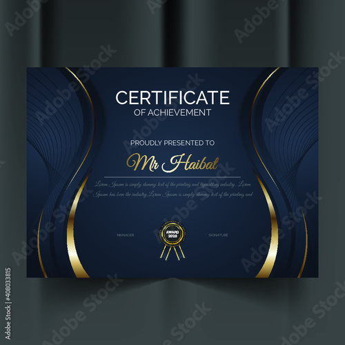 Professional elegant blue and gold diploma certificate template