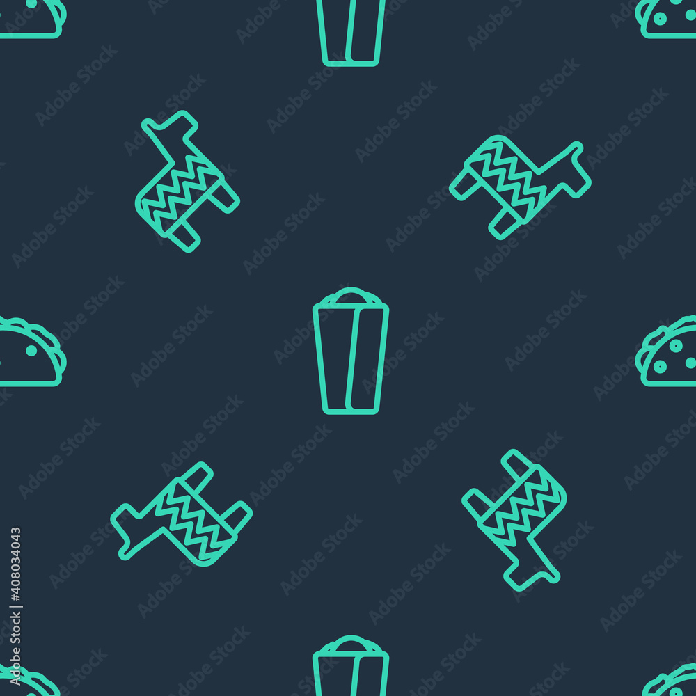 Set line Burrito, Pinata and Taco with tortilla on seamless pattern. Vector. Set line Burrito, Pinata and Taco with tortilla on seamless pattern. Vector.