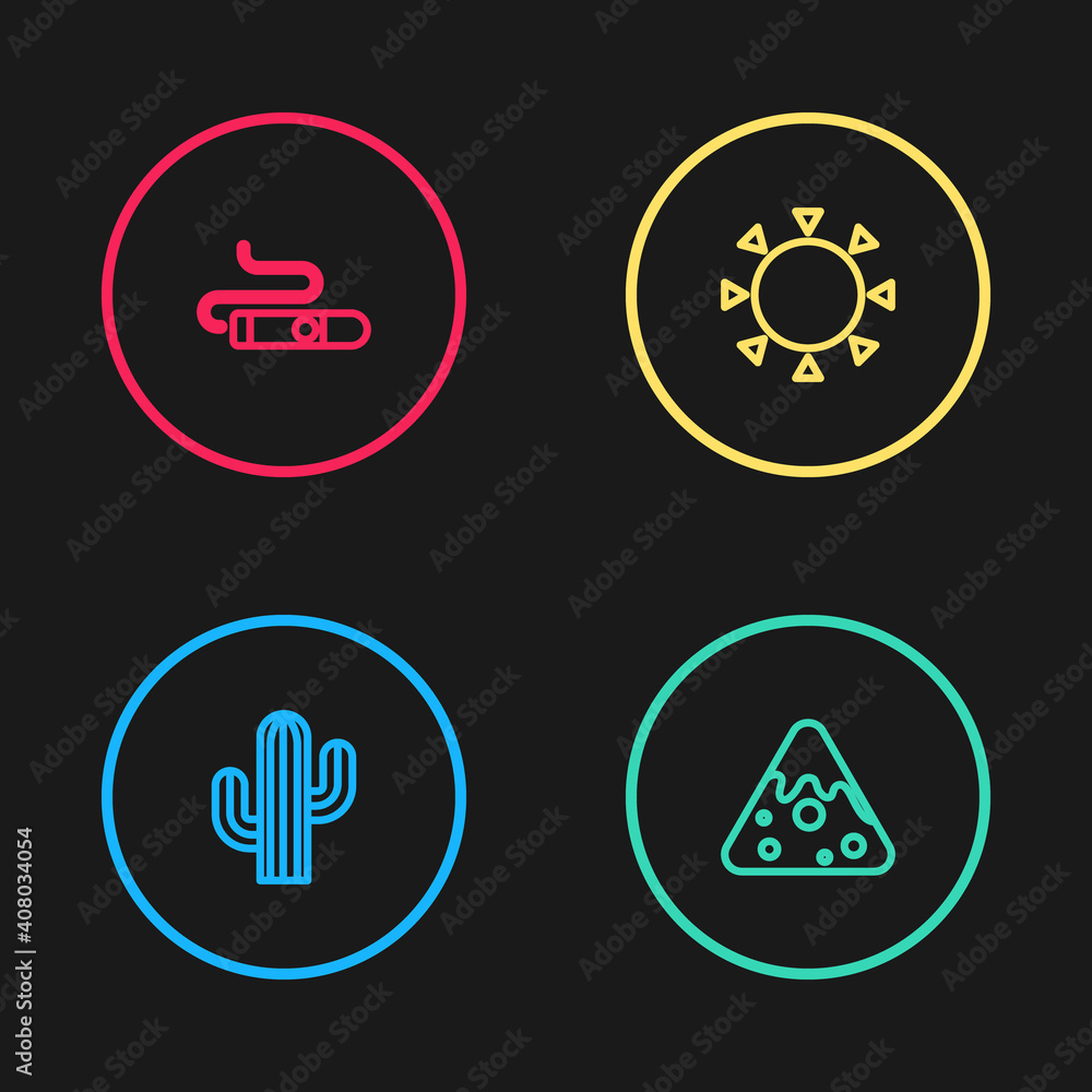 Set line Cactus, Nachos, Sun and Cigar icon. Vector. Set line Cactus, Nachos, Sun and Cigar icon. Vector.