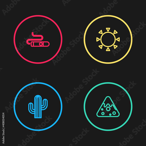 Set line Cactus, Nachos, Sun and Cigar icon. Vector.