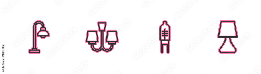 Set line Floor lamp, Light emitting diode, Chandelier and Table icon. Vector. Set line Floor lamp, Light emitting diode, Chandelier and Table icon. Vector.