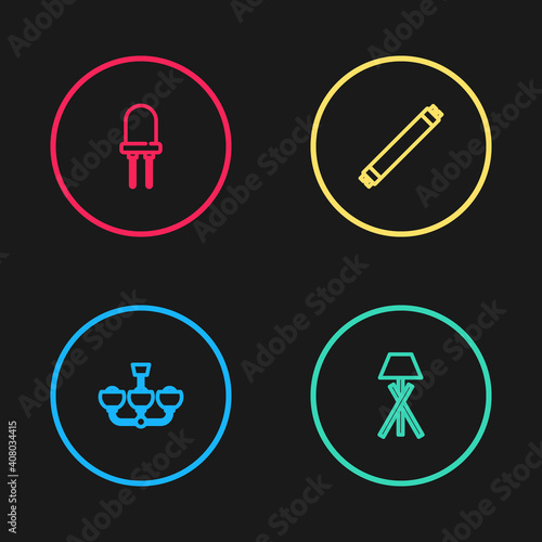 Set line Chandelier, Floor lamp, Fluorescent and Light emitting diode icon. Vector.