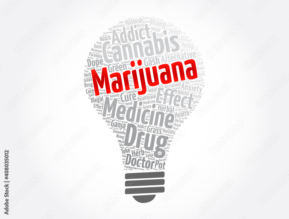 Marijuana light bulb word cloud collage, medical concept background Marijuana light bulb word cloud collage, medical concept background