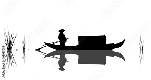 Oriental style sceen, boat and man. Vector illustration.