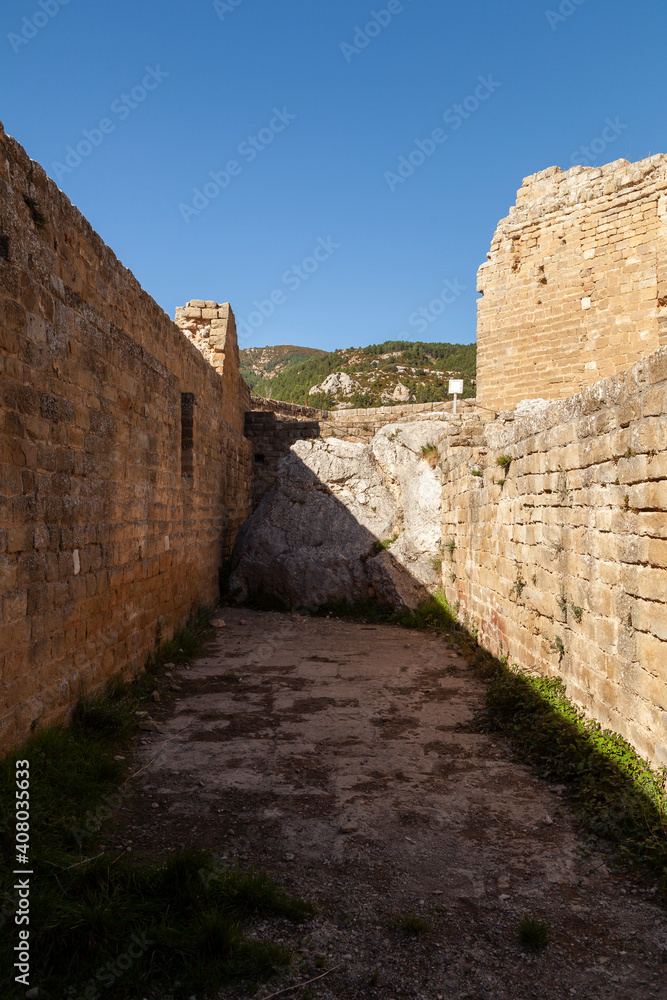 Interior wall of the medieval Castle of Loarre, Aragonese castle from the 11th and 12th century, Romanesque architectural style, Huesca province, Aragon, Spain, Europe.