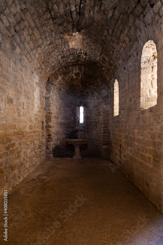 Interior of the medieval Castle of Loarre, Aragonese castle from the 11th and 12th century, Romanesque architectural style, Huesca province, Aragon, Spain, Europe. © Alvaro