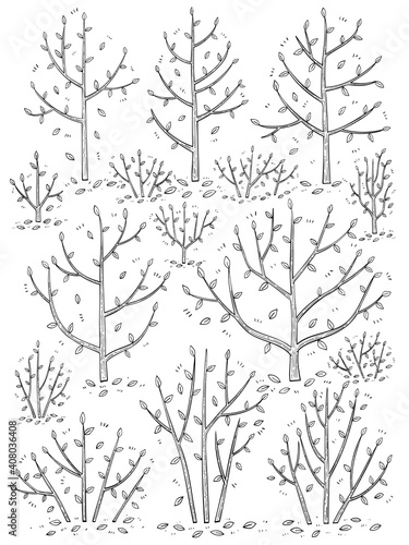 hand drawn side view tree vector set.