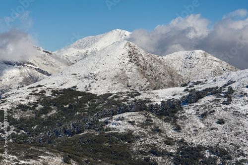 Mount Alcojado and Torrecilla Peak in the Sierra de las Nieves National Park in the municipal district of Igualeja in Ronda, Malaga province. Spain