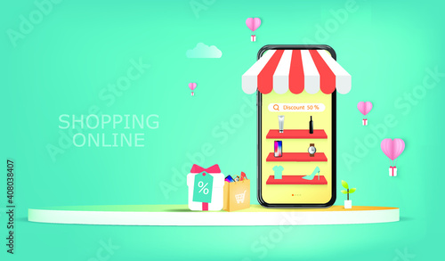 Shopping Online on Website or Mobile Application  Concept Marketing and Digital marketing. Horizontal view. vector