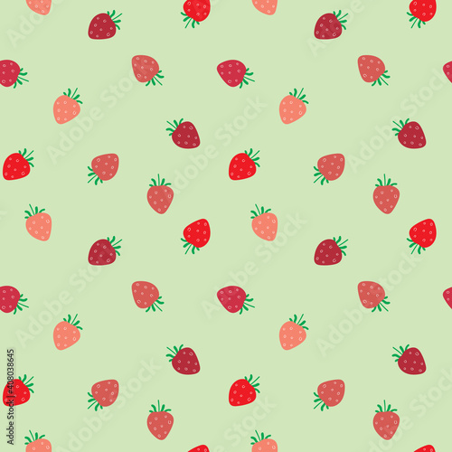 Fruit seamless pattern, Hand drawing Strawberry patterns on green wallpaper. 