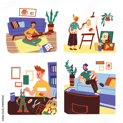 Set of people doing their hobbies at home cartoon character flat vector illustration isolated on white background. Relaxing at home.