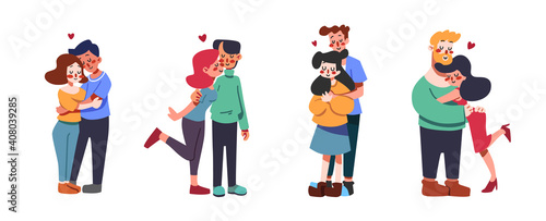 Set of romantic couple being together Flat cartoon characters isolated on white background. Happy Valentine's Day.