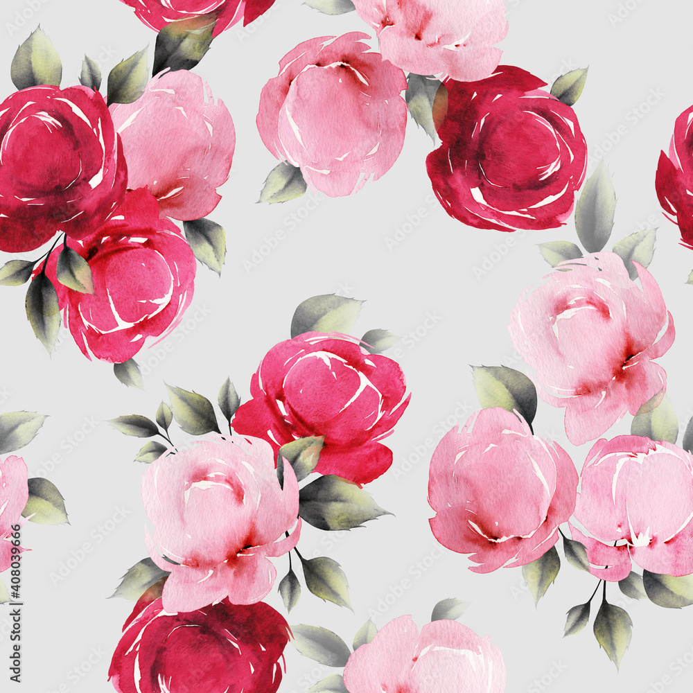 Seamless floral pattern with flowers on summer background, watercolor illustration. Template design for textiles, interior, clothes, wallpaper