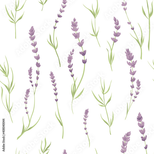 Seamless pattern with lavender. Vector illustration in watercolor painting style. Background for packaging, textiles, printing products with a delicate watercolor drawing of flowers.