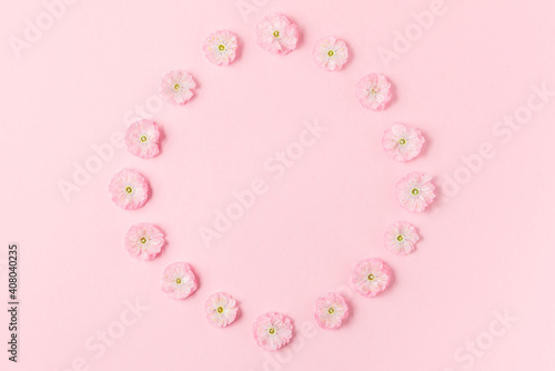 Flower composition. Frame made of pink cherry blossoming flowers on pastel pink background. Flat lay. Top view © samael334