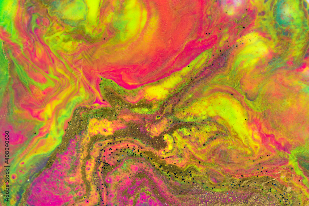 Abstract neon ink liquid texture with gold glitter. Marble imitation.