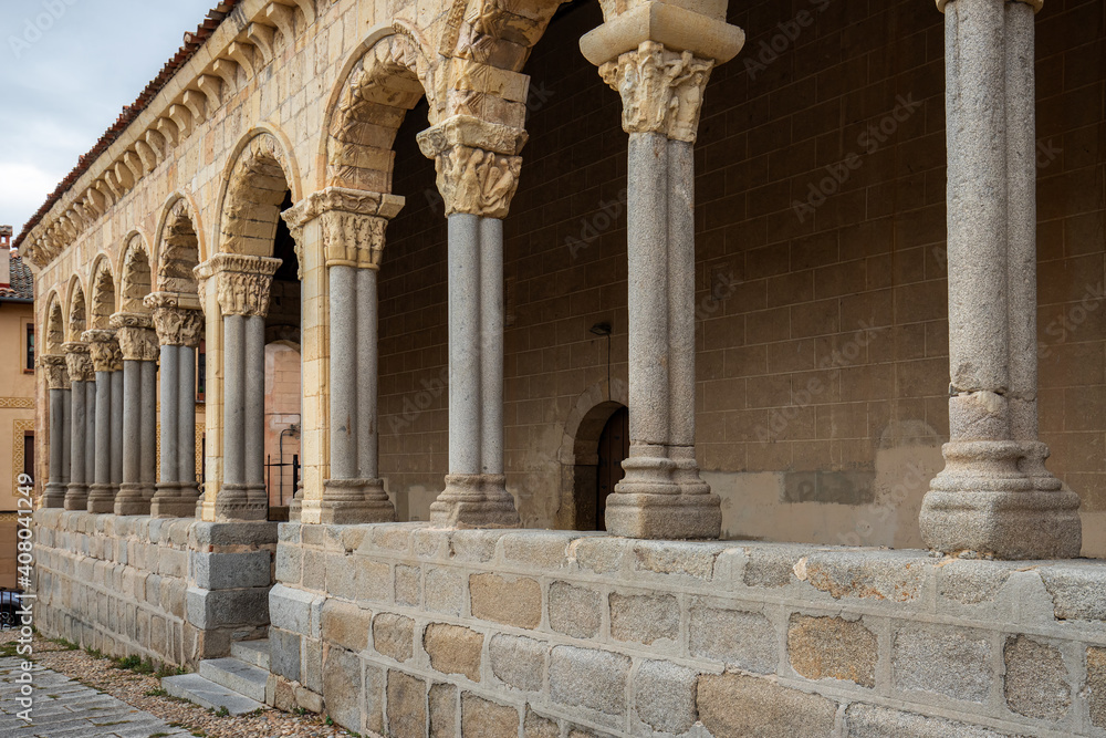 Atrium in the church of San Martin. Romanesque architecture in Segovia. Spain.