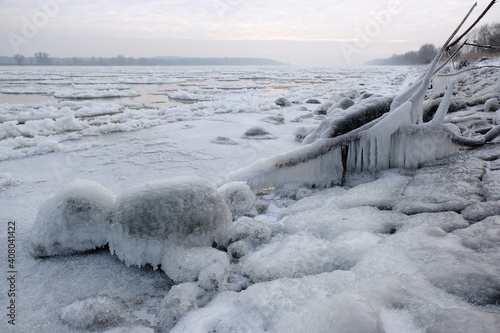 Beautiful natural phenomenon - ice covered bushes and long icicles on the coast at the Vistula mouth to the Baltic, Sobieszewska Island, Poland © Iwona