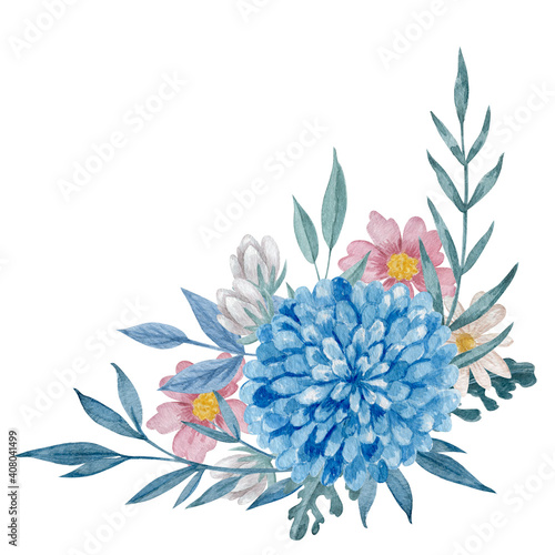 Fényképezés Blue chrysanthemum and wildflowers watercolor illustration